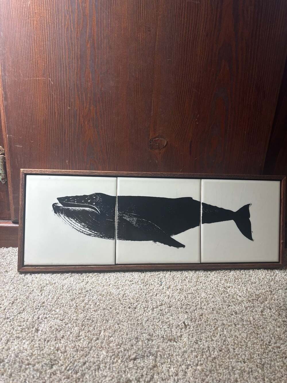 Vintage Humpback Whale Triptych Ceramic Tile Wall Art in Wooden Frame